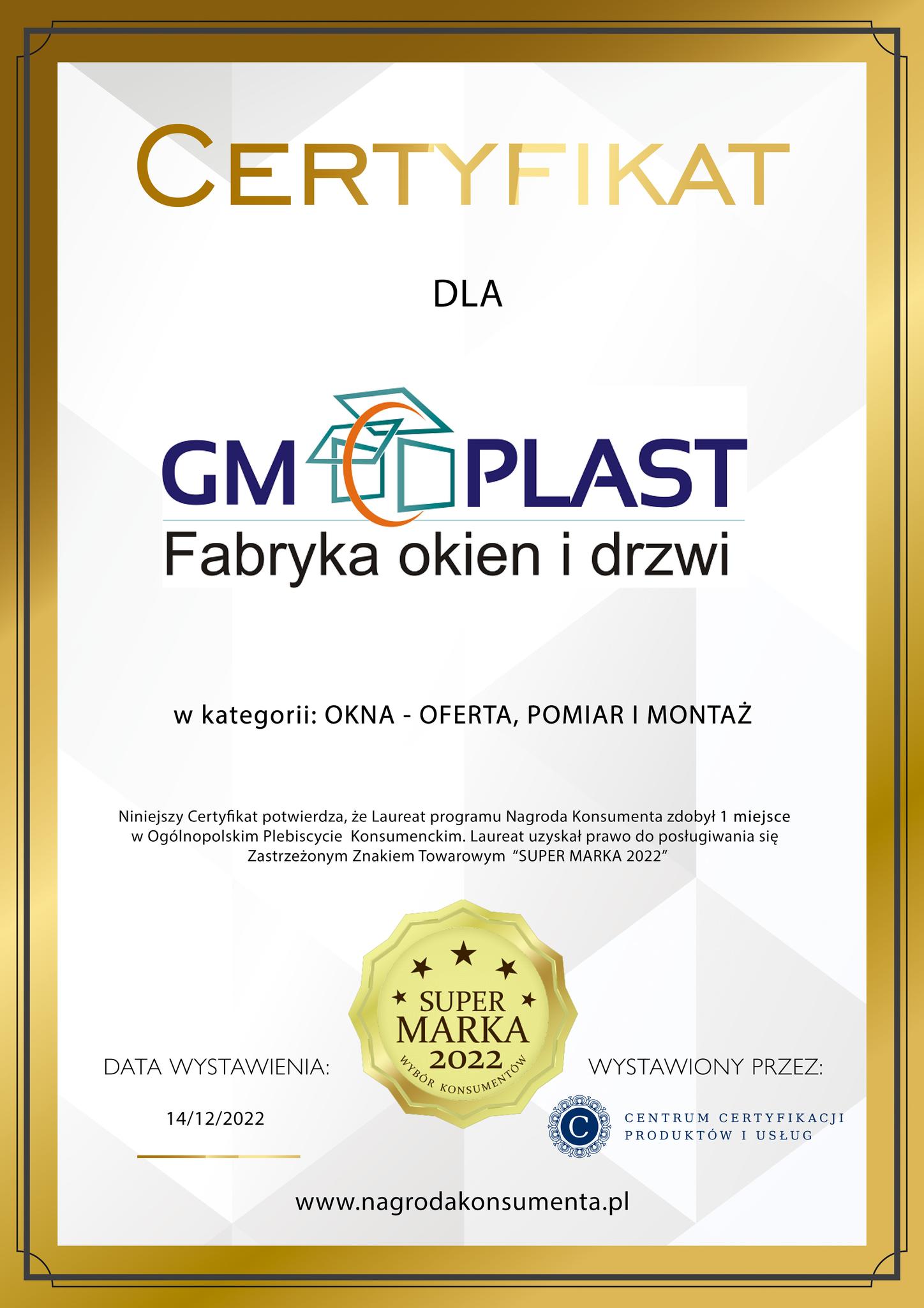 GM PLAST BRAND OF THE YEAR CERTIFICATE